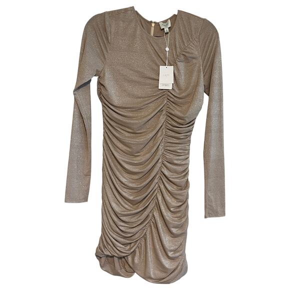 Cami NYC Magdalena Metallic Jersey Ruched Long Sleeve Mini Dress Champagne Sz S - Picture 1 of 4